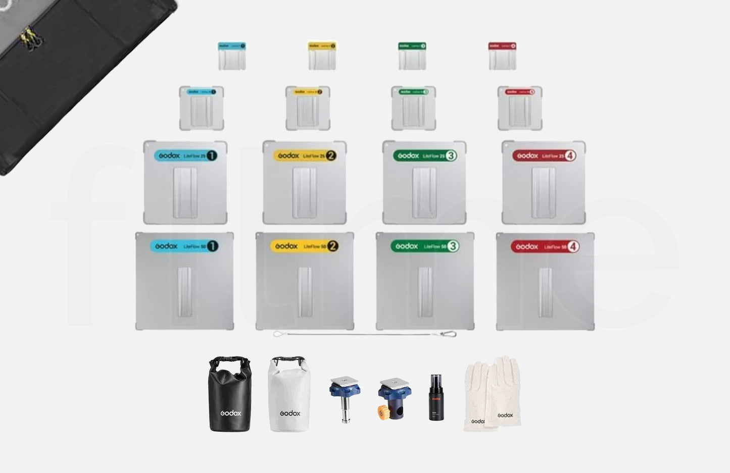 Accessoires inclus avec la location kit de Réflecteurs LiteFlow K1 GODOX à Paris chez Filme